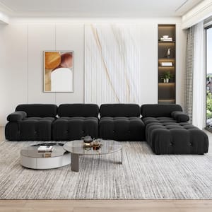 138.6 in. Convertible Modular Velevt Square Arm Free Combination L-Shaped 5 Seater Sectional Sofa with Ottoman, Black
