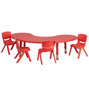 5-Piece Half Moon Metal Top Table and Chair Set in Red