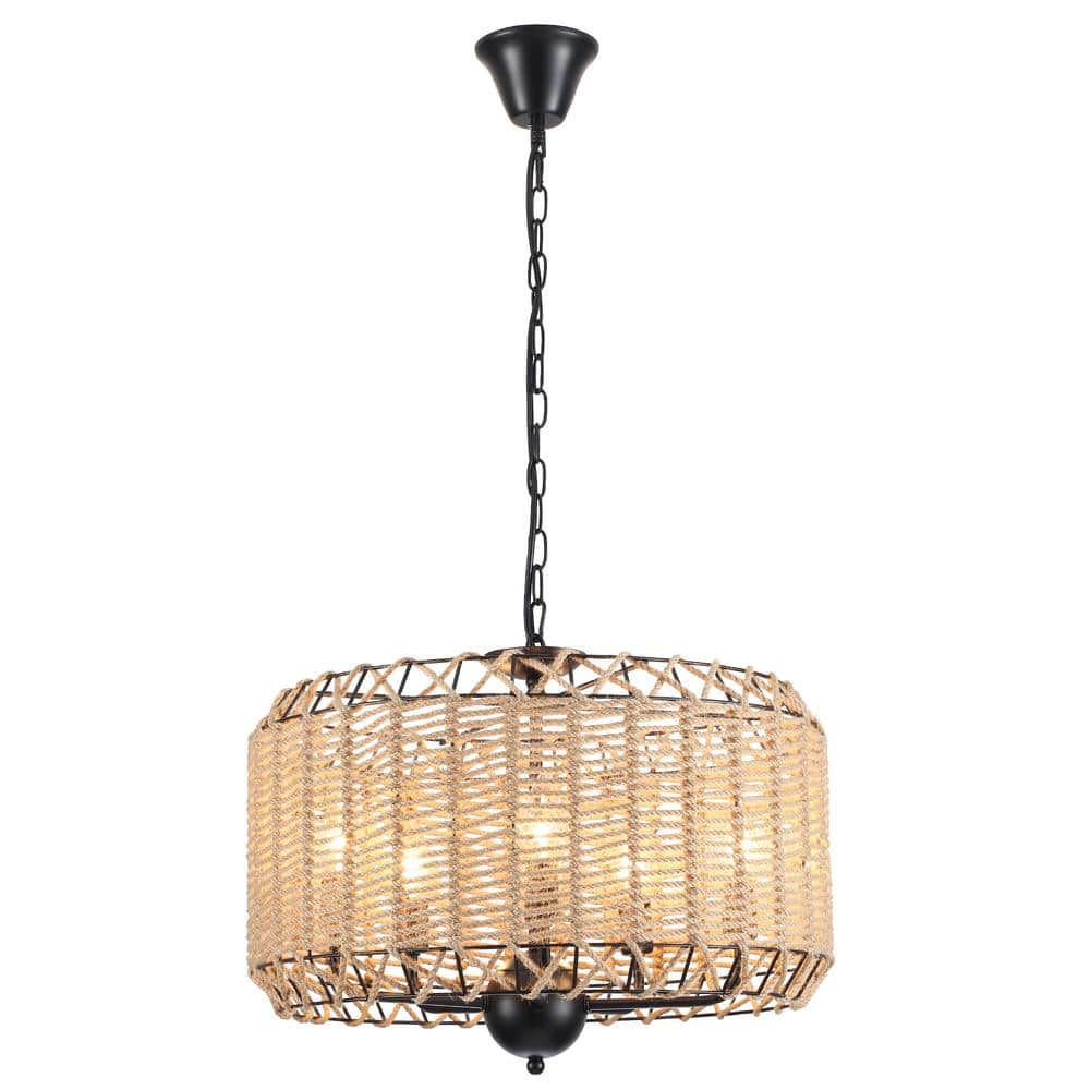 5-Light Dimmable Brown/Black Hemp Rope Drum Chandelier for Kitchen Island, Dining Room with no Bulbs Included price history on PriceWatchPro