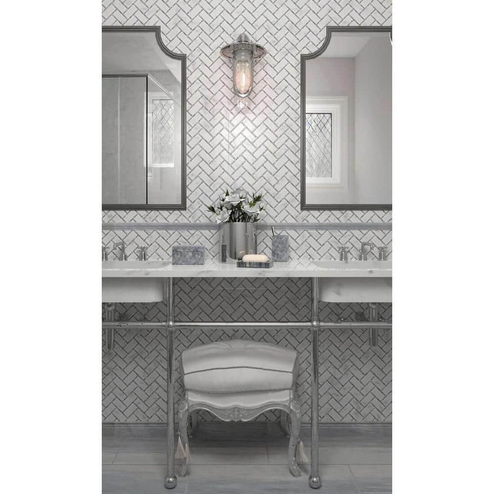 White and Gray Polished Herringbone Marble Mosaic Tile