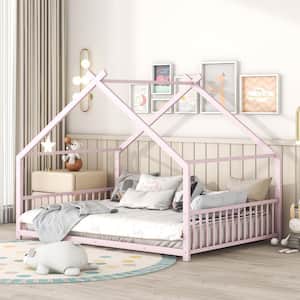 Pink Full Size Metal House Platform Bed, Low Bed for Kids