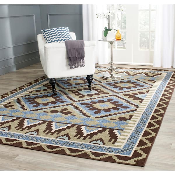 Veranda Green/Chocolate 9 ft. x 12 ft. Southwestern Tribal Indoor/Outdoor Patio  Area Rug