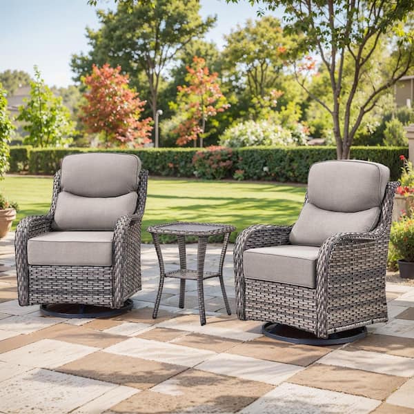 Carolina 3-Piece Gray Wicker Outdoor Swivel Chair Set of Small side Table, Swivel Chair Set for Garden Backyard, Beige