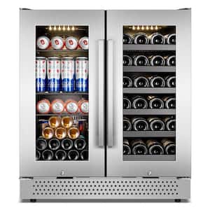 Dual Zone 30 in. Built-In 30-Wine Bottles and 100-Can with French Door Beverage and Wine Cooler, Stainless Steel