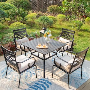 5-Piece Black Metal Square Outdoor Dining Set with Beige Cushions