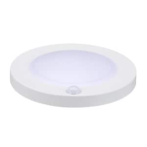 7.75 in. 15-Watt Matte White Motion Sensor Round LED Disc Downlight Integrated LED Flush Mount with White Acrylic Shade