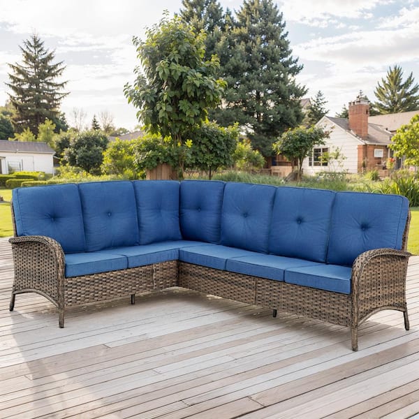 moosprr 2-Piece Brown Wicker Outdoor Sectional Set with Olefin Blue Cushions and L-Shaped Sofa