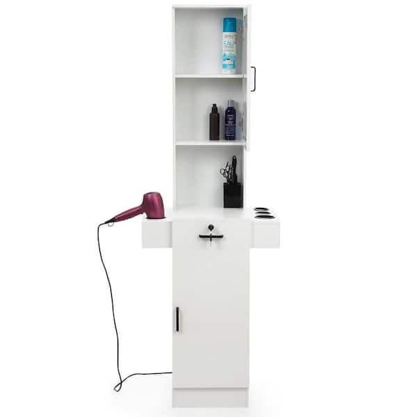 Clihome White 67 in. Stand Barber Station, Hair Styling Equipment with Glass Door