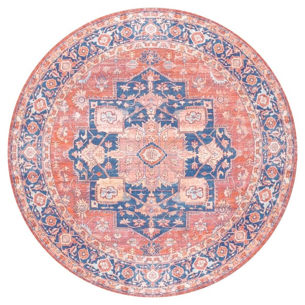Maris Ornate Terracotta/Navy 5 ft. Medallion Machine-Washable Round Area Rug