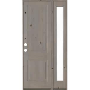 44 in. x 96 in. Rustic knotty alder Right-Hand/Inswing Clear Glass Grey Stain Square Top Wood Prehung Front Door w/RFSL