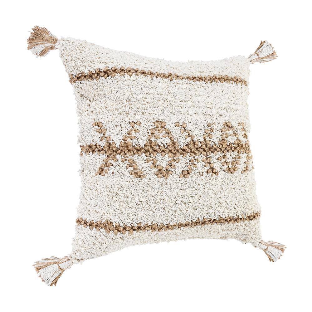 Boho-Chic Square Jute and Cotton Throw Pillow with Tassels