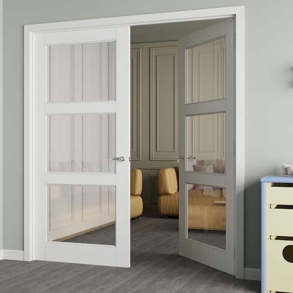 72 in. x 80 in. 3-Lite Clear Glass Universal White Solid Core Glass Double Prehung French Door + Quick Assemble Jamb