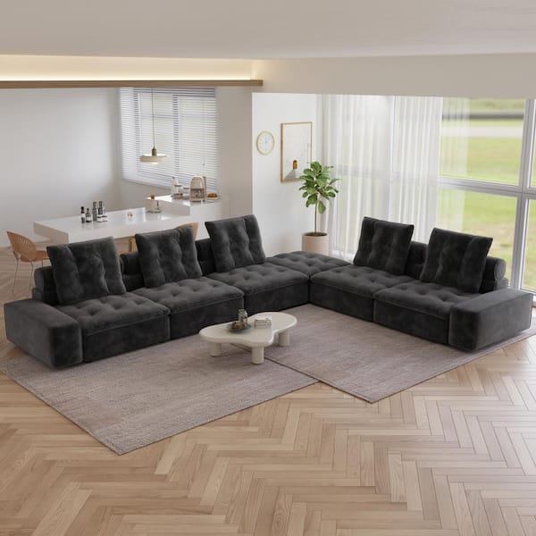 161.4 in. W Square Arm 6-Piece Velvet Modular Deep Seat Sectional Sofa with Ottoman in Gray