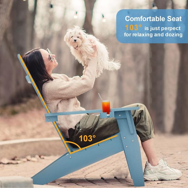 Oversize Modern Blue Plastic Outdoor Patio Adirondack Chair with Cup Holder