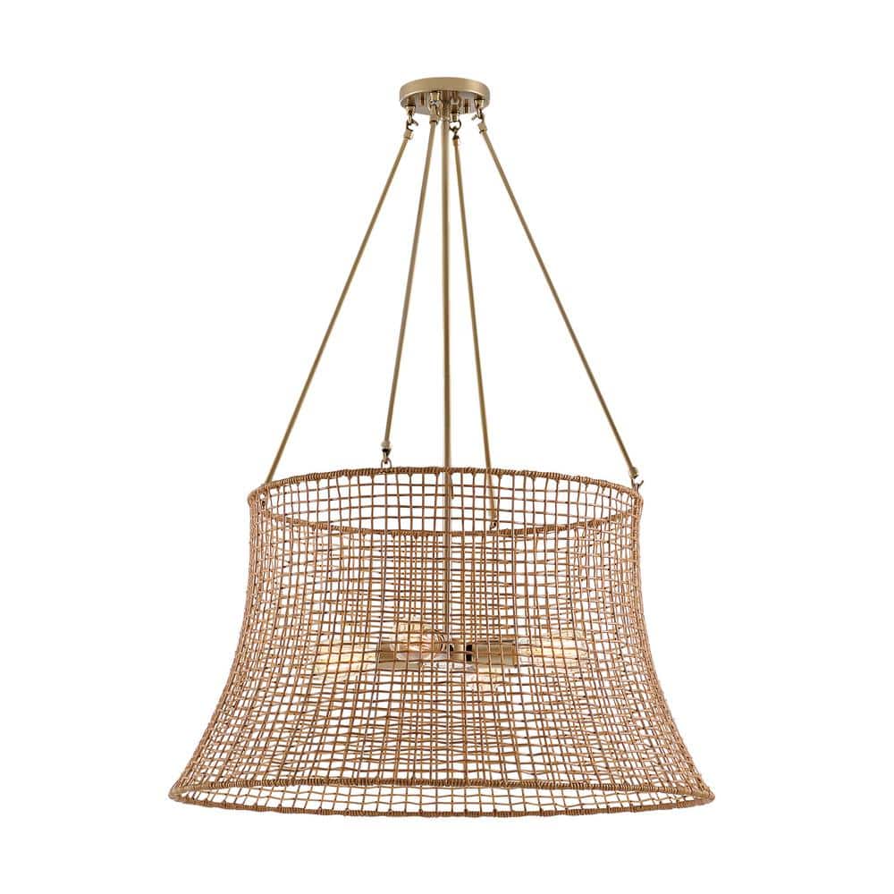 Burnished Brass and Rattan Resin 4-Light Outdoor Chandelier