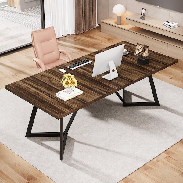 BYBLIGHT Moronia 70.86 in. Brown and Black Computer Office Desk Workstation with Metal Frame, Study Writing Table for Home Office