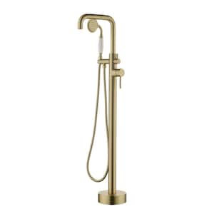 Ami 44.05 in. H 1-Handle Freestanding Floor Mount Tub Faucet Bathtub Filler with Round Hand Shower in Brushed Gold