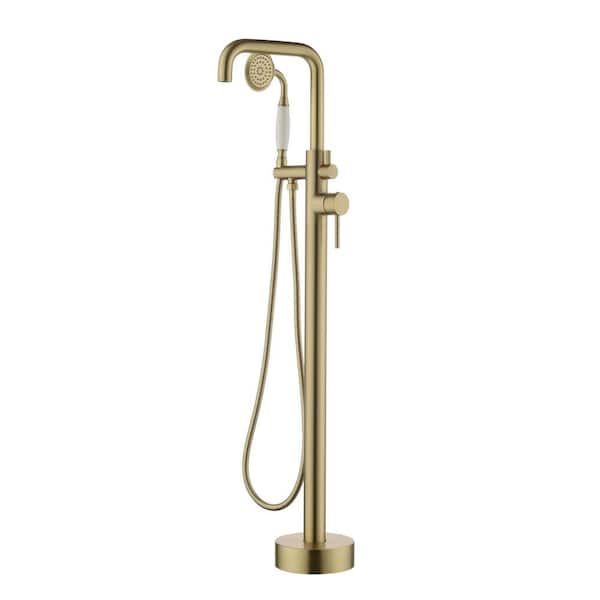 Miscool Ami 44.05 in. H 1-Handle Freestanding Floor Mount Tub Faucet Bathtub Filler with Round Hand Shower in Brushed Gold