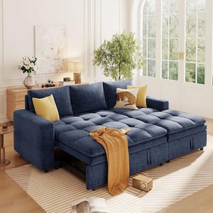 89 in. Blue Polyester Twin Size Pull-Out Sofa Bed with Storage Chaise