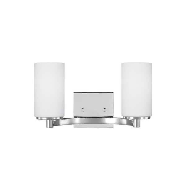 Generation Lighting Hettinger 13 in. 2-Light Chrome Transitional Contemporary Wall Bathroom Vanity Light with Etched White Glass Shades