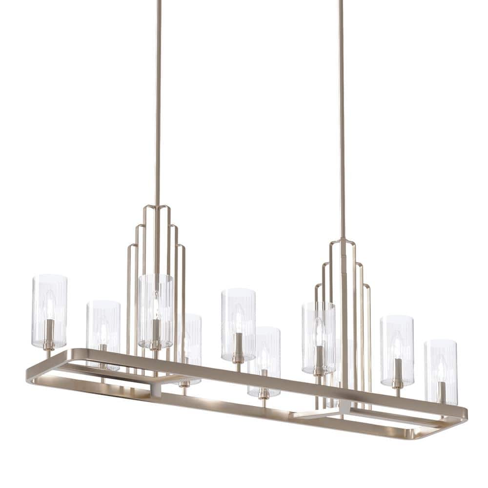 Kimrose Polished Nickel 10-Light Linear Chandelier with Clear Fluted Glass