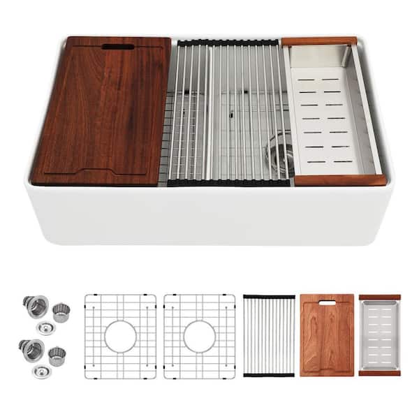 33 in. Farmhouse/Apron-Front Double Bowl 50/50 Workstation White Fireclay Kitchen Sink with Accessories
