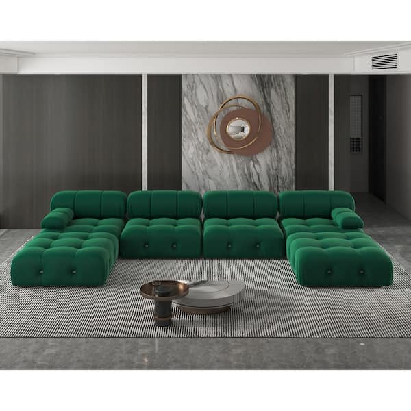 138.61 in. Square Arm 6-piece U Shaped Velvet Modular Free Combination Sectional Sofa with Ottoman in. Green