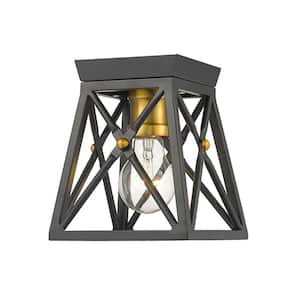 Trestle 6 in. 1-Light Matte Black and Olde Brass Flush Mount Light with No Bulbs Included