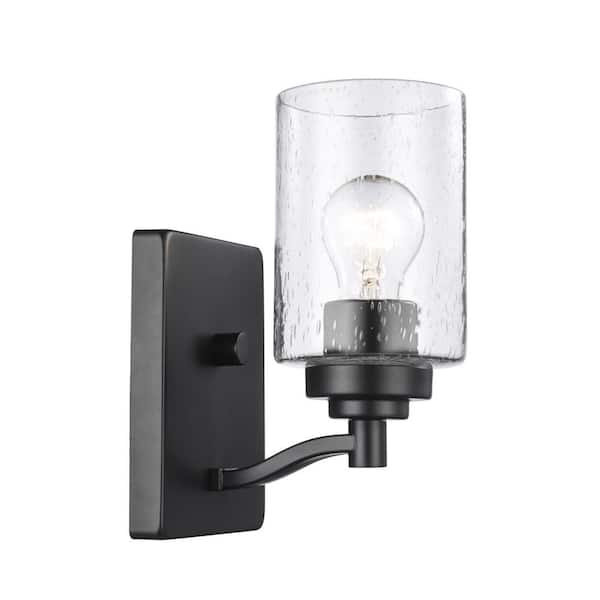 Simi 1-Light Black Indoor Wall Sconce Light Fixture with Seeded Glass Shade