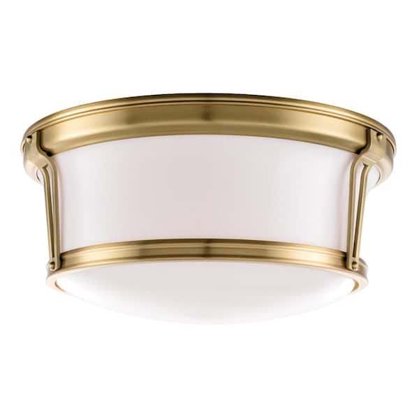 Fifth and Main Lighting Portsmouth 15 in. 3-Light Aged Brass Flush Mount with Opal Glossy Glass Shade
