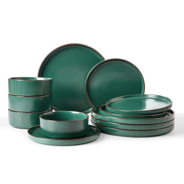 12-Piece Dark Green Stoneware Dinnerware Sets (Service for 4), Microwave and Dishwasher Safe Kitchen Plates