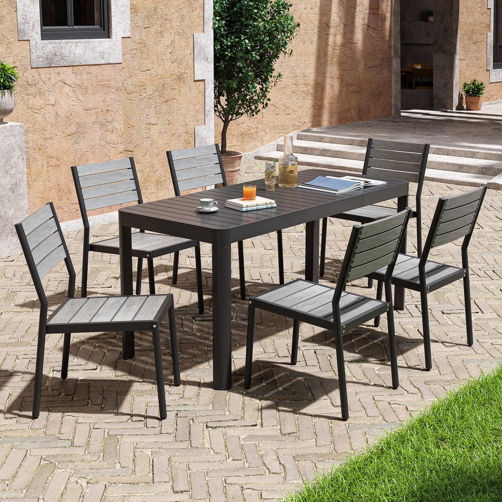 7-Piece Aluminum Patio Outdoor Dining Set Rectangle Extendable Table and Armless Stacking Wood-Like Chairs, Gray