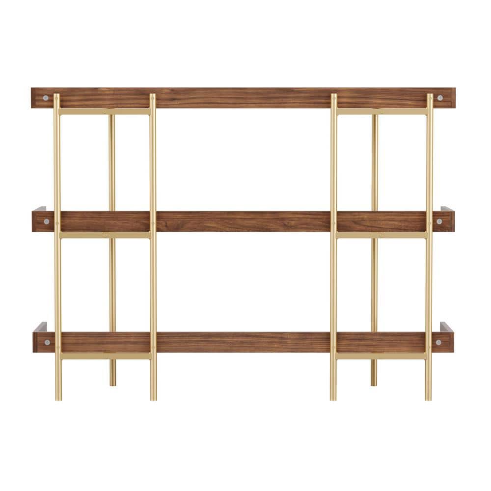 Walnut Wood Grain 3-Shelf Bookcase with Polished Brass Frame