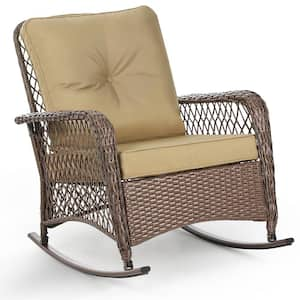 Wicker Outdoor Rocking Chair with Tan Cushion