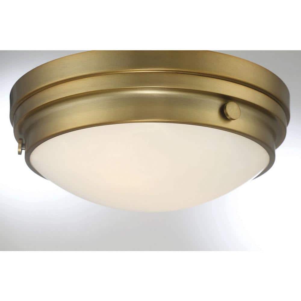 Warm Brass and White Glass 2-Light Flush Ceiling Light