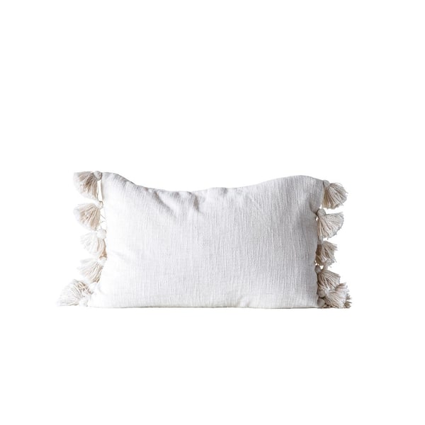 Storied Home Cream Cotton Woven Slub Pillow with Plush Tassels