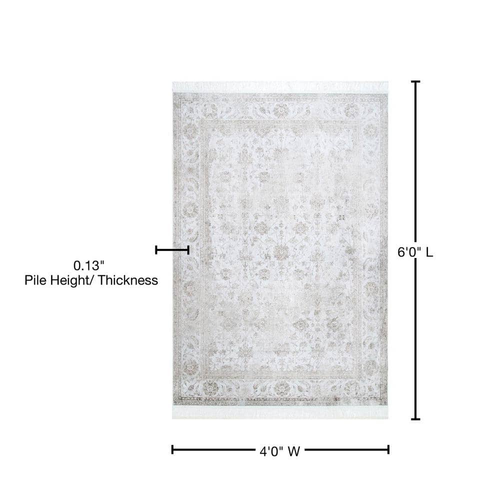 Ivory Viscose Rectangular 4' x 6' Vintage Floral Area Rug