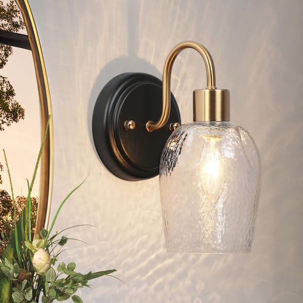 Modern 4.7 in. 1-Light Brass Gold Bathroom Vanity Lighting, Black Wall Sconce, Indoor Wall Light with Bell Hammer Glass