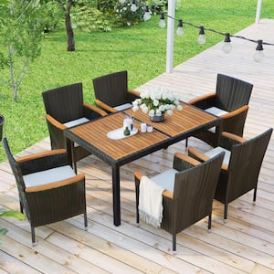 7-Piece Wicker Patio Outdoor Dining Set Outdoor Acacia Wood Table and Chair with Cushions, Brown