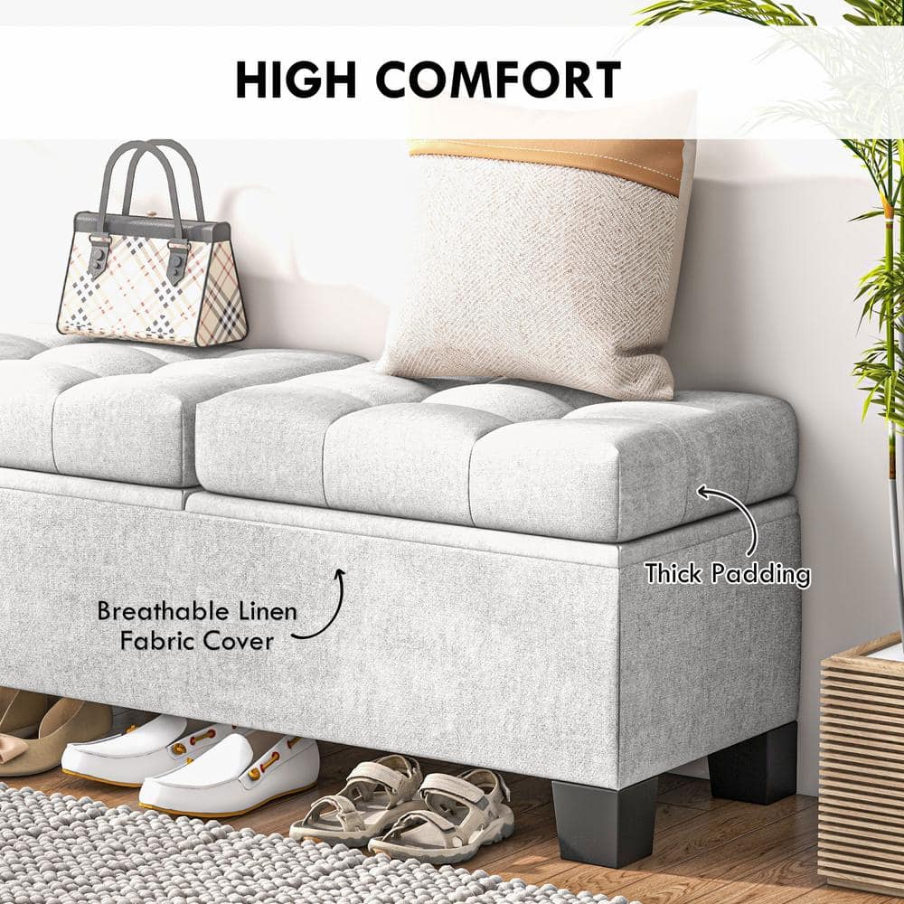 Cream White Upholstered Storage Bench with Steel Frame