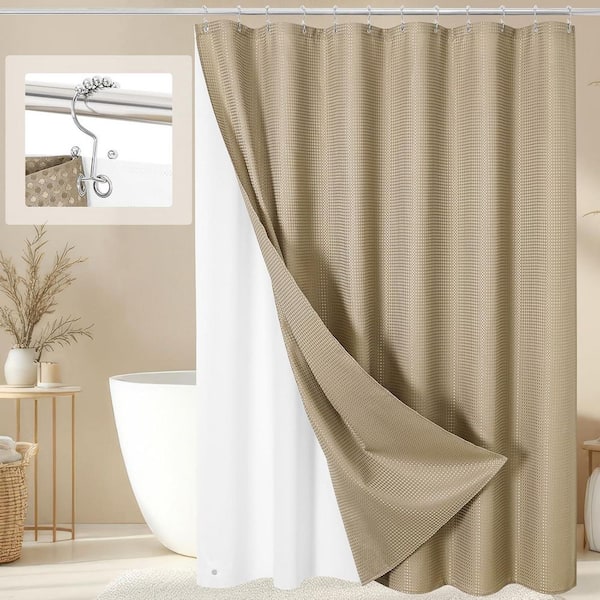 72 in. W x 72 in. L Polyester Shower Curtain in Beige with Hooks, Waterproof Fabric Shower Curtains for Bathroom