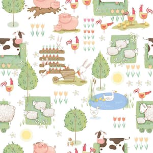 Tiny Tots 2 Collection White/Primary Colors Matte Finish Farmland Animals Non-Woven Paper Wallpaper Roll