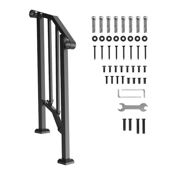 VEVOR Handrails for Outdoor Steps 1-2 Step Stair Hand Rail Kit Carbon Steel Railings 37.99 in. H x 3.31 in. W Black