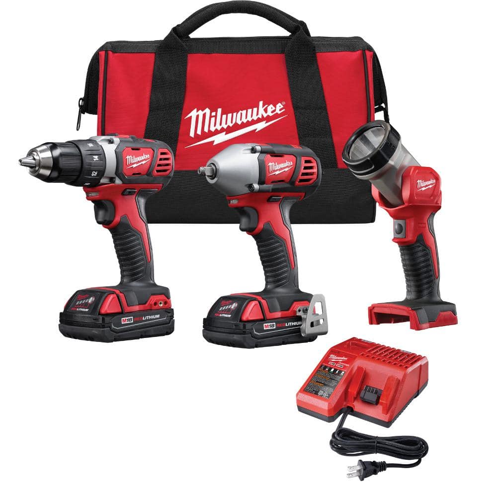 Milwaukee M18 18 Volt Lithium Ion Cordless Combo Tool Kit 3 Tool W 2 1 5ah Batteries 1 Charger 1 Tool Bag 2691 23 The Home Depot