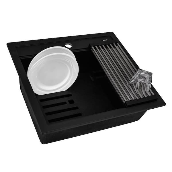 EpiCube Granite Quartz Composite 23 in. Drop-in Bar Sink in Black with Accessories