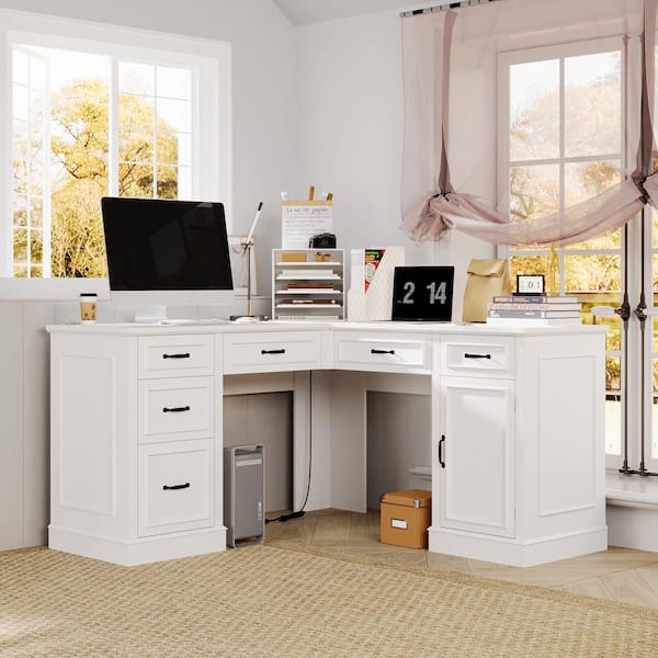 63 in. L-Shaped White Wood 6-Drawer Desk with USB Charging Ports and Cable Management