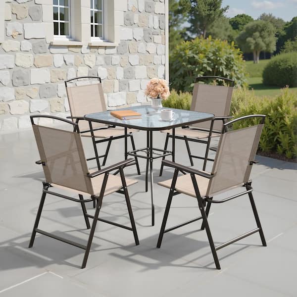 CLOUDFLY 5-Piece Metal Square Outdoor Dining Set with Patio Foldable Dining Chairs and Dining Table with umbrella hole