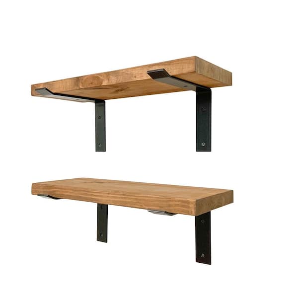 Intrinsic Haven Industrial 28 in. W x 10 in. D Light Brown Pine Wood Heavy Duty Decorative Wall Shelf Set with Brackets