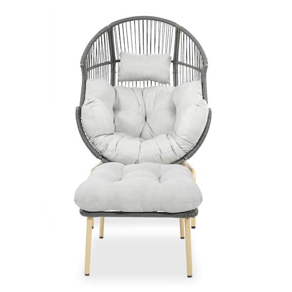 Gymojoy Corina Dark Gray 2-Piece Wicker Outdoor Large Glider Egg Chair with Gray Cushions and Ottoman