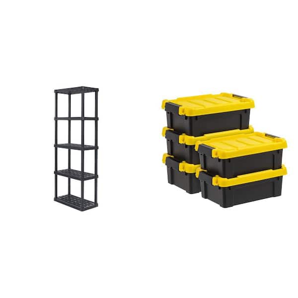 5-Tier Plastic Garage Shelving Unit, Black (12 in. x 64 in. x 24 in.) and 3 gal. Storage Tote with Yellow Lid (Set of 5)